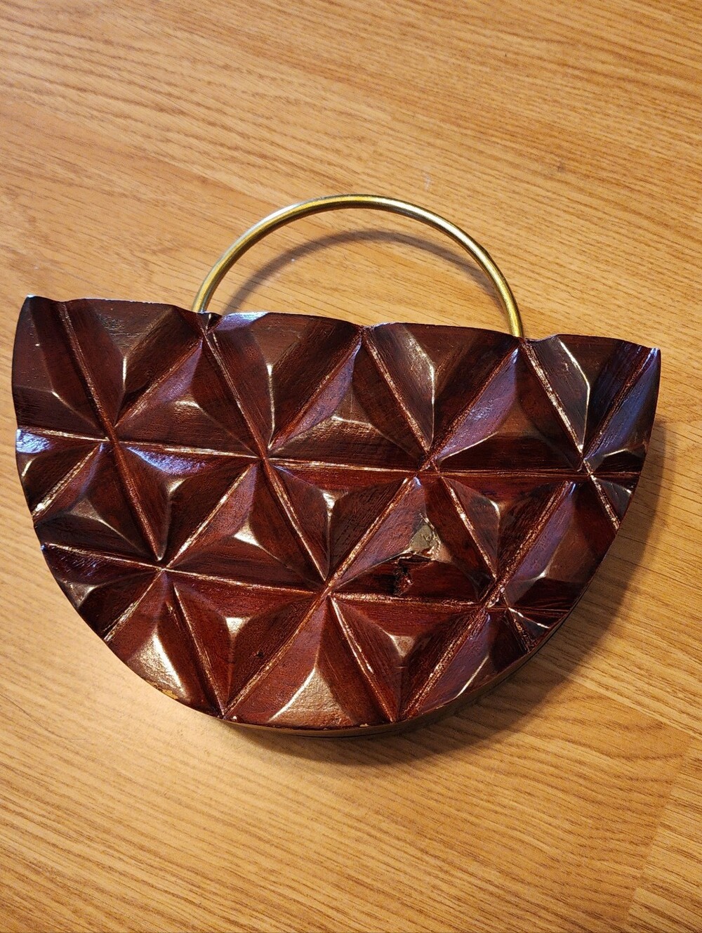 Ramla Azariah Hand-Carved Brown Wooden Half-Moon Bag with Gold Handle